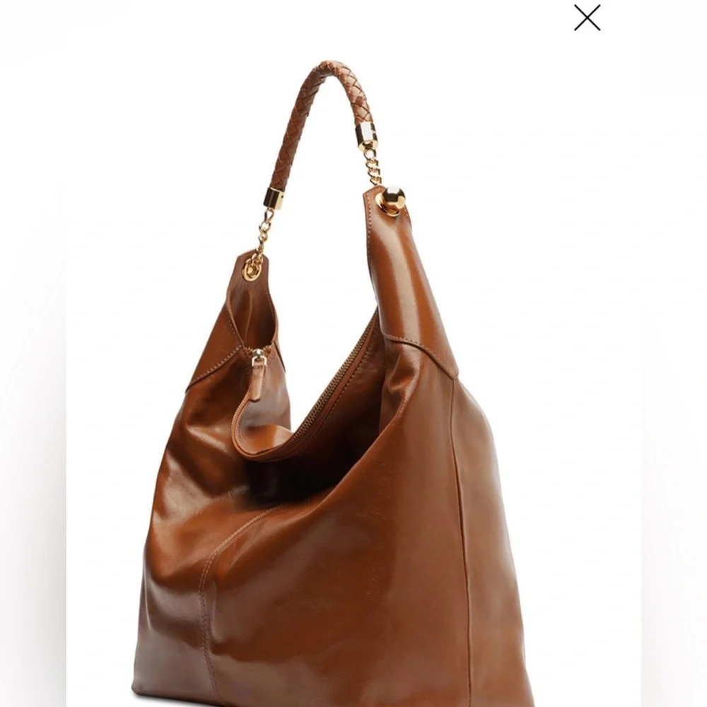 Women's Hobo Bag, Caramel Leather, Large, Brown Braided Strap, Arezzo